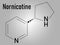 Nornicotine alkaloid molecule. Related to nicotine and also found in Nicotiana plants. Skeletal formula.