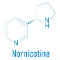 Nornicotine alkaloid molecule. Related to nicotine and also found in Nicotiana plants. Skeletal formula.