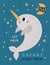 North animals. Kids greeting card. Funny ocean whale. Dreaming narwhal. Night sky stars and crescent. Childish postcard