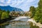 North Fork Skykomish River bridge at Index Washington under partly cloudy sky