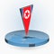 North Korea map in round isometric style with triangular 3D flag of North Korea