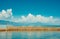 North macedonia. Ohrid. Long pier built from old stones on Ohrid lake, mountines on background