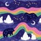 North pole starry sky. Polar bear family watching northern lights. Cute starry night scene. Seamless pattern. Vector illustration