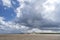 North Sea at the Crimdon beach, Hartlepool and Seaton Carew, England. Dark blue sky and sandy beach in United Kingdom