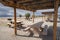 North Shore, CA - March 21, 2019: Picnic tables and shelters at the Salton Sea State Recreation Center in California, where