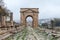 North Tetrapylon in ruins of the great Roman city of Jerash - Gerasa, destroyed by an earthquake in 749 AD, located in Jerash city