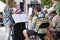 NORTH VANCOUVER, BC, CANADA - JUNE 9, 2019: A jazz band ensemble playing woodwind and brass instruments with a conductor