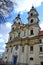 North west upward view on main entrance portal and towers of famous late baroque Basilica of Our Lady of Seven Sorrows in Sastin