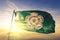 North Yorkshire county of England flag textile cloth fabric waving on the top sunrise mist fog