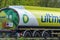 Northampton, UK - May 10th 2019: british petroleum tanker lorry truck on uk motorway in fast motion