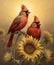 Northern Cardinal Birds in Sunlower Field . AI generated Illustration