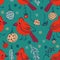 Northern cardinal birds and xmas elements doodle seamless pattern. Christmas print for tee, paper, fabric, textile. Hand drawn