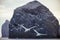 Northern gannets flying against a sky and rocks in St Kilda, Scotland.