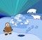 Northern landscape with eskimo in national clothes, igloo and polar bears