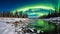 Northern lights above calm river in the witer forest