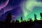 Northern lights aurora borealis in the night sky over beautiful lake landscape