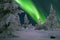 Northern Lights - Aurora borealis over snow-covered forest. Beautiful picture of massive multicoloured green vibrant Aurora Boreal