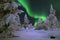 Northern Lights - Aurora borealis over snow-covered forest. Beautiful picture of massive multicoloured green vibrant Aurora Boreal