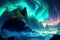 Northern Lights Colorful Fantasy Landscape illustration, aurora borealis in the sky