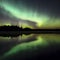 Northern lights, forest, lake and reflection