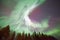 Northern lights and green aurora corona in the cold winter sky.