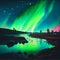 Northern lights over the fjord at night. Vector illustration. AI generated
