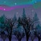 Northern lights over night forest. Aurora Vector illustration