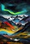 Northern lights over night mountains. Painting in the style of impressionism. Abstract northern lights. Painting for