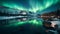 Northern lights and snow covered mountains. Starry sky with polar lights and snowy rocks reflected in water.