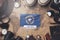 Northern Mariana Islands Flag Between Traveler`s Accessories on Old Vintage Map. Overhead Shot