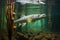 a northern pike darting through underwater lily pads in a shallow lake