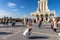 Northern River Terminal, or Rechnoy Vokzal in Moscow, Russia. People visit rooftop terrace of old building in Soviet style