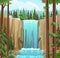 Northern summer landscape with waterfall among rocks. Tall pines in coniferous forest. Cascade shimmers downward. Water