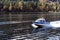 The NorthSilver PRO 745 Cabin boat of the transport police is patrolling the waters of Lake Teletskoye. Altai Republic