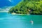 Norway fjord panorama, mountains, boat