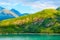 Norway fjord panorama, mountains, boat