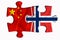 Norway flag and China of America flag on two puzzle pieces on white isolated background. The concept of political relations. 3D