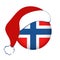 Norway flag in circle with Santa Claus hat. Isolated Christmas button of Norwegian banner, New Year.
