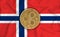 Norway flag, ripple gold coin on flag background. The concept of blockchain, bitcoin, currency decentralization in the country. 3d