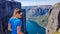 Norway - Girl in blue T-shirt and a fjord view