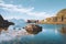 Norway landscape Nyksund traditional village wooden houses and sea with mountains