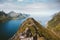 Norway landscape Riven mountain top Senja island aerial fjord view