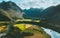 Norway landscape Romsdal mountains aerial view valley and river travel scenery