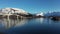 Norway. Lofoten Islands. Aerial view. Breathtaking bird's eye view of mountain rocky peaks covered with white snow