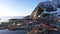 Norway. Lofoten Islands. Aerial view. Breathtaking bird's eye view of mountain rocky peaks covered with white snow