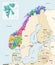 Norway municipalities high detailed vector map colored by administrative regions (counties)