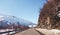 Norway, narrow roads of Lofoten on a spring day with snow