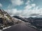 Norway, narrow and twisty road up to Dalsnibba mountain top with snow