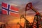 Norway oil industry concept. Industrial illustration - Norway flag and oil wells with the red and blue sunset or sunrise sky