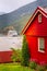 Norway red house and cruise ship in Flam